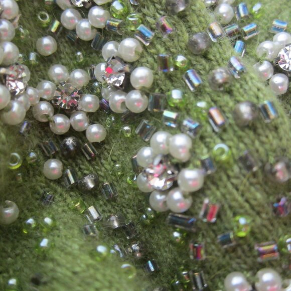 J Crew Women S Olive Green Angora Merino Wool Cashmere Beaded Pearls LS Cardigan - Picture 3 of 9
